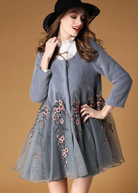 Fine Grey Embroideried Organza Patchwork Wool Coats Winter Hooded Raincoat Women