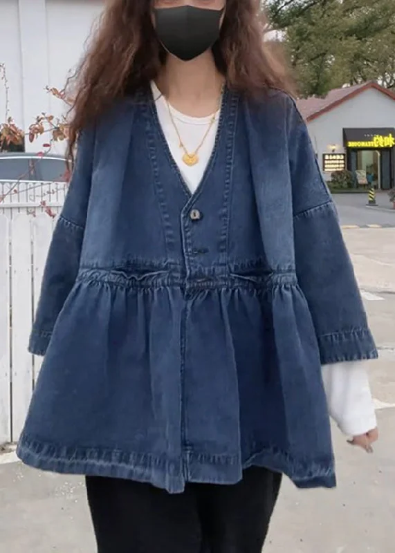 French Blue V Neck Button Pockets Denim Coats Long Sleeve Embroidered Kimono Coat