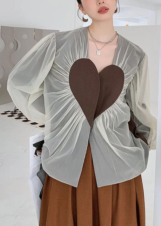 French Colorblock heart Patchwork Wrinkled Tulle Coats Spring Cropped Moto Jacket