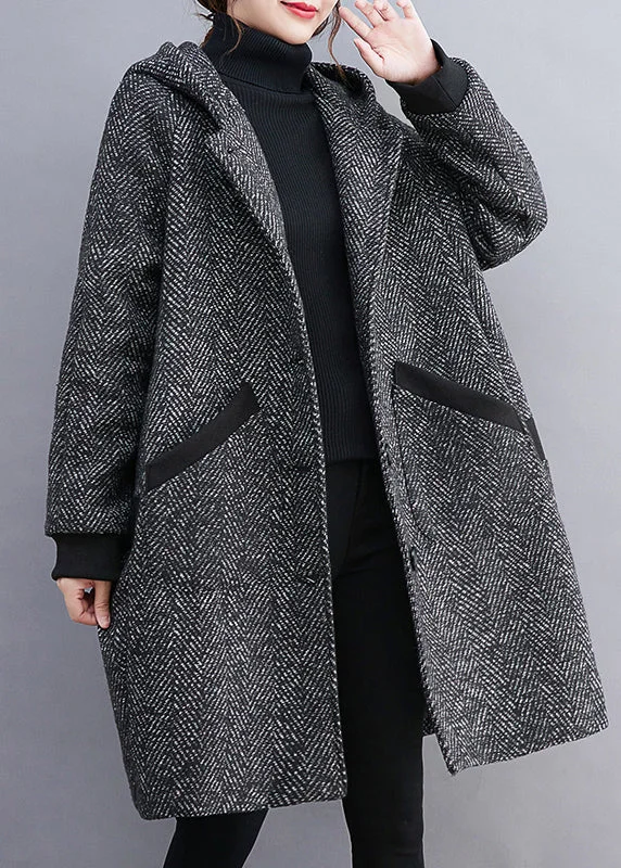 French Grey Hooded Button Pockets Thick Woolen Coats Winter Stretchy Active Jacket