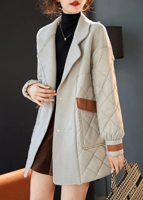 French Grey Notched Patchwork Cotton Filled Woolen Coats Winter Luxe Faux Fur Coat