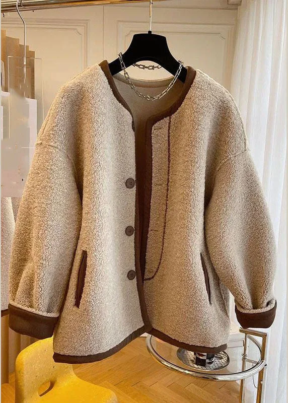 French Khaki O-Neck Patchwork Button Faux Fur Coats Winter Hooded Puffer Anorak