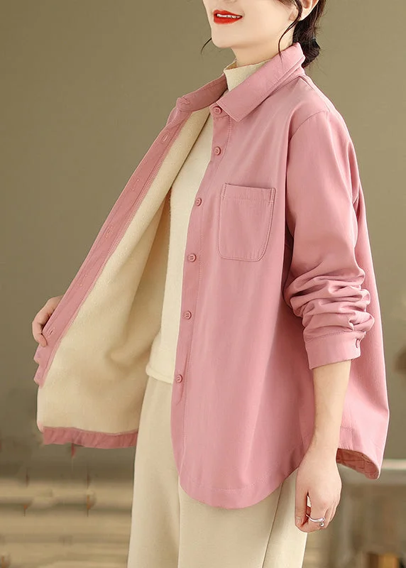 French Pink Oversized Pockets Fleece Wool Lined Coats Winter Functional Travel Jacket