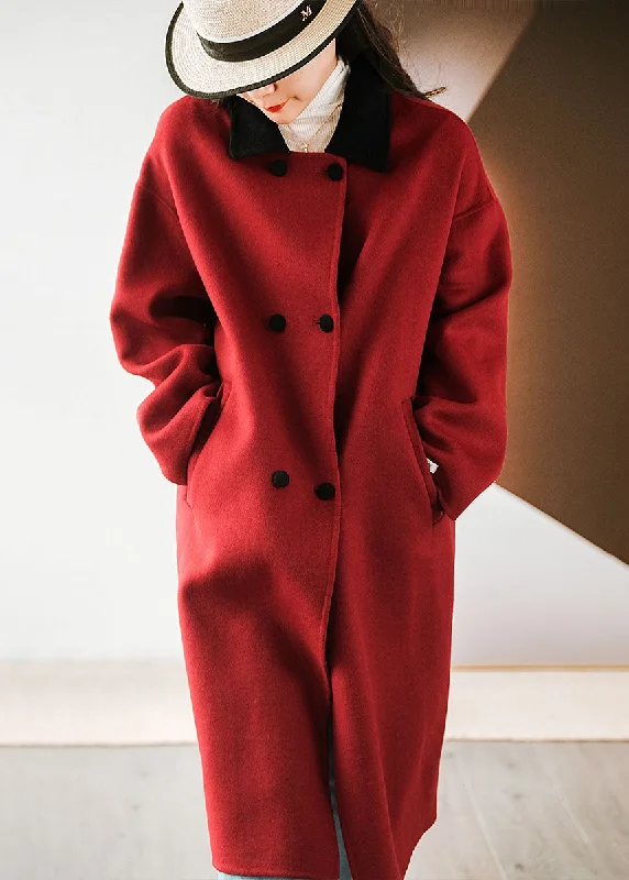 French Red Colorblock Peter Pan Collar Patchwork Double Breast Woolen Coats Winter Suede Fringe Jacket