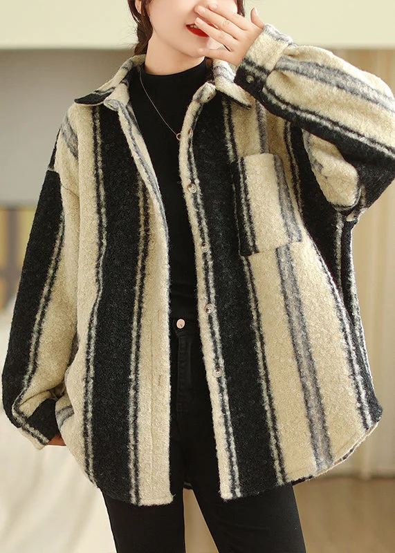 French Striped Peter Pan Collar Button Woolen Coat Long Sleeve Polished Tailored Coat