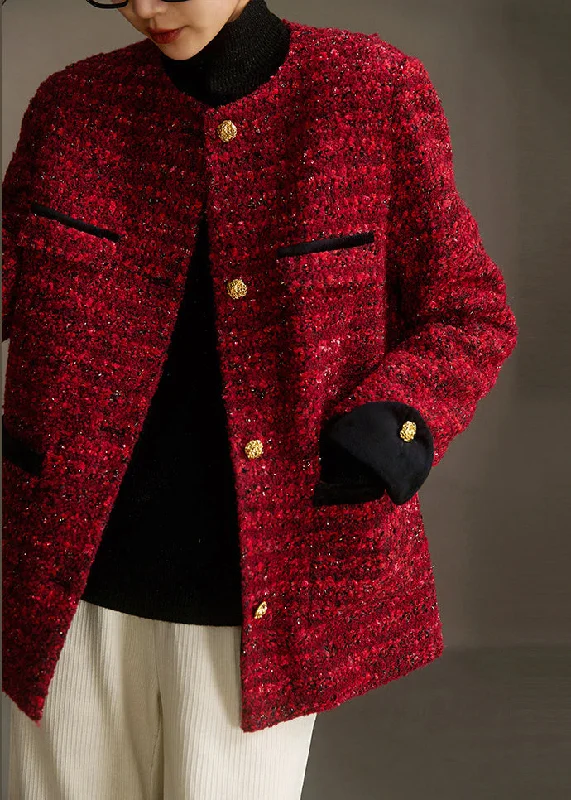 French Wine Red O Neck Button Pockets Duck Down Coats Long Sleeve Fuzzy Sherpa Pullover