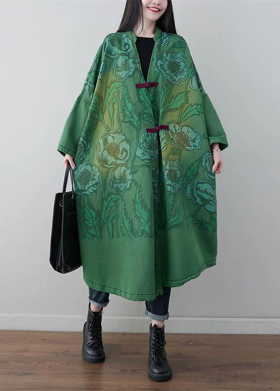 Green Chinese Button Print Cotton Coats V Neck Spring Belted Wool Overcoat