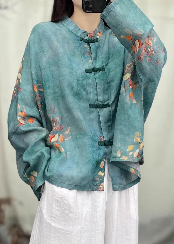 Green Print Patchwork Linen Coat O Neck Long Sleeve Bold Color Block Coat