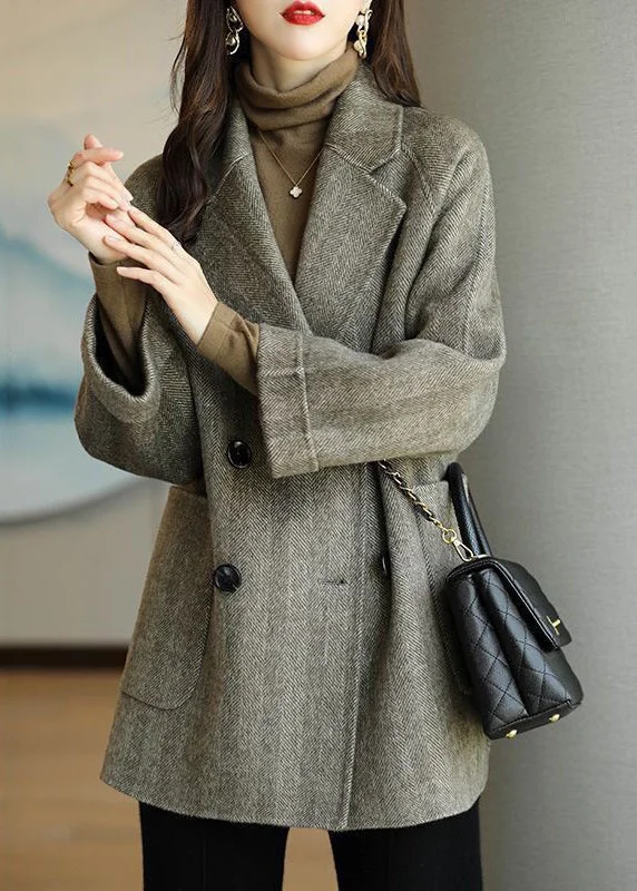 Grey Warm Woolen Coats Oversized Double Breast Fall Belted Midi-Length Coat