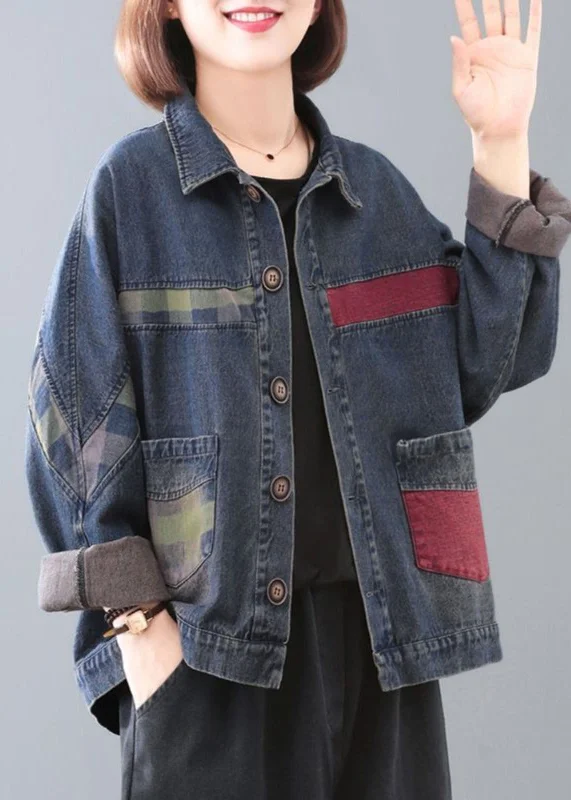 Handmade Blue Peter Pan Collar Pockets Patchwork Button Denim Coats Long Sleeve Quilted Hybrid Jacket