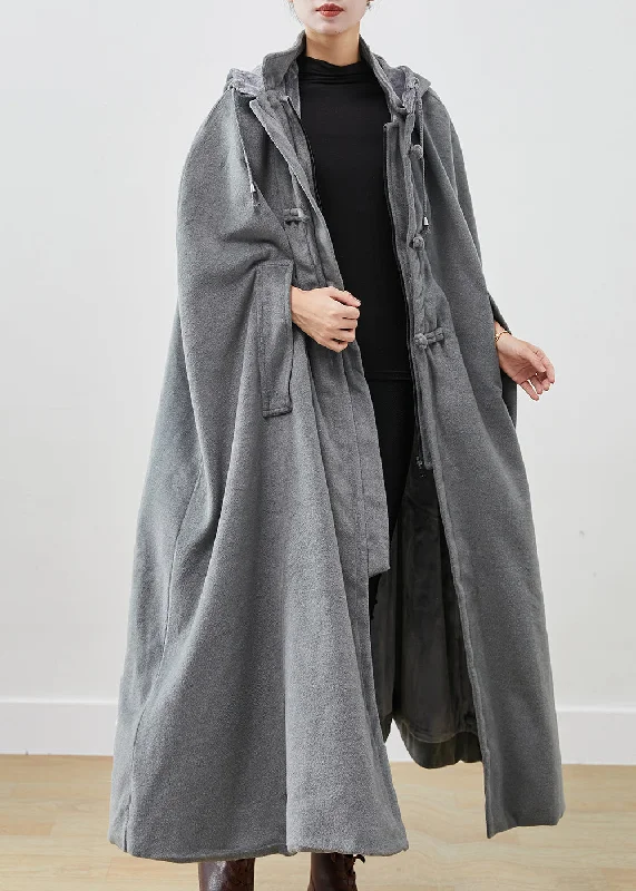 Handmade Grey Oversized Lengthen Warm Fleece Hooded Coat Cloak Sleeves Longline Wool Coat