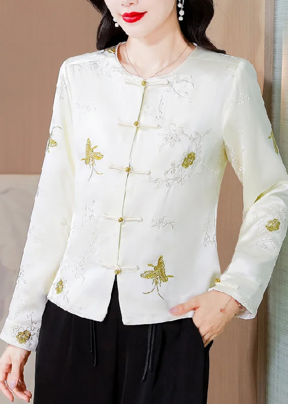 Italian White Embroidered Button Silk Coat Fall Collared Pea Coat