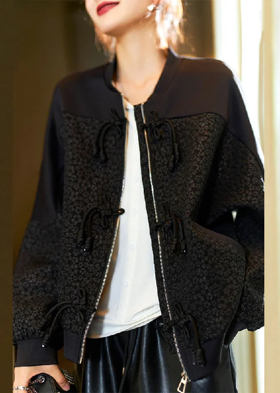 Jacquard Black O-Neck Zippered Pockets Coats Fall Ultra-Light Down Coat