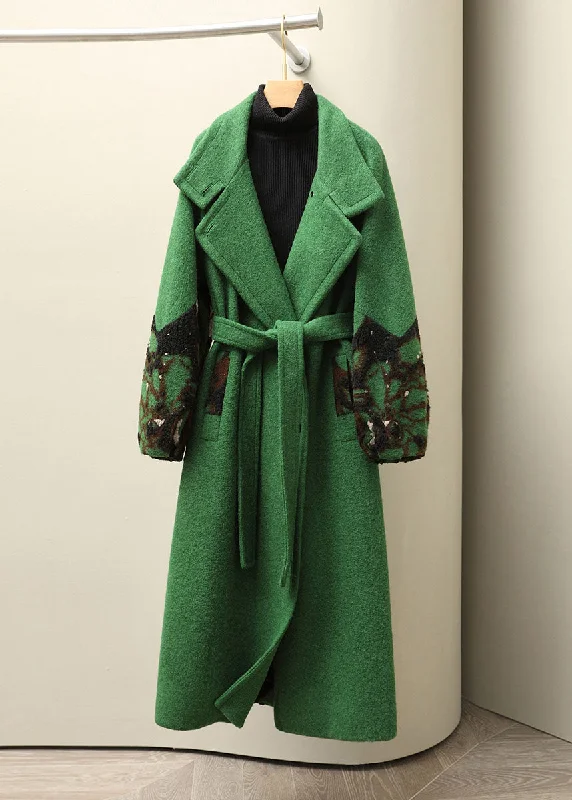 Jacquard Green Notched Tie Waist Woolen Long Coats Fall Checkered Wool Shacket