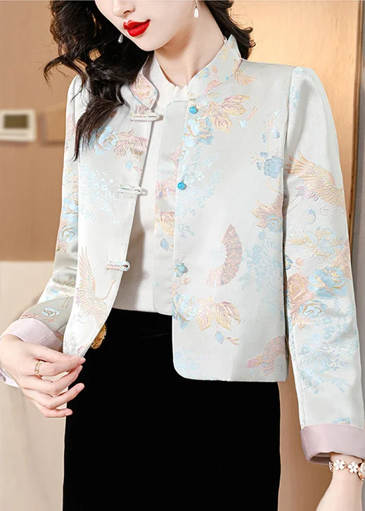 Jacquard Light Blue Stand Collar Button Silk Coats Fall Belted Crossover Blazer