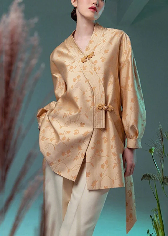 Jacquard Yellow V Neck Chinese Button Silk Coat Long Sleeve Classic Riding Jacket