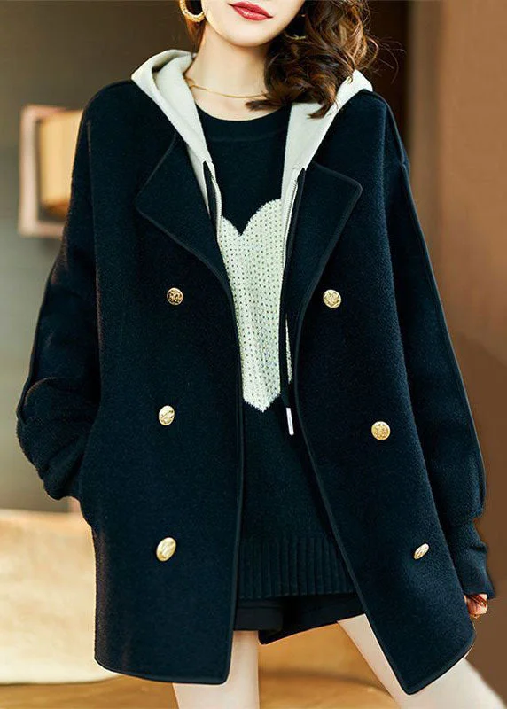 Loose Black Drawstring Patchwork Pockets Woolen Hooded Coats Long Sleeve Drape Front Waterfall Coat