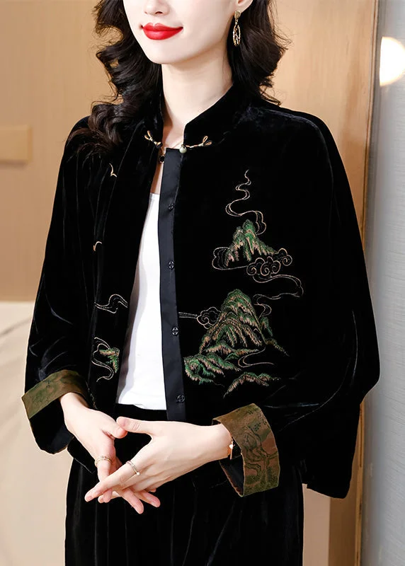 Loose Black Embroidered Button Silk Velour Coat Fall Classic Trench Coat