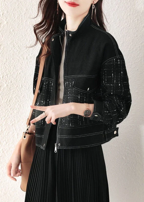 Loose Black Plaid Zip Up Patchwork Denim Coat Fall Sleeveless Puffer Vest