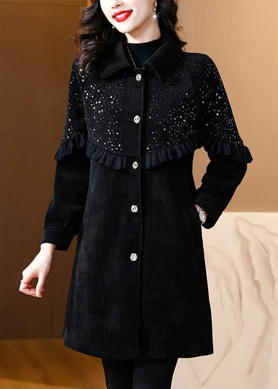 Loose Black Ruffled Sequins Patchwork Thick Coats Spring Lightweight Windbreaker