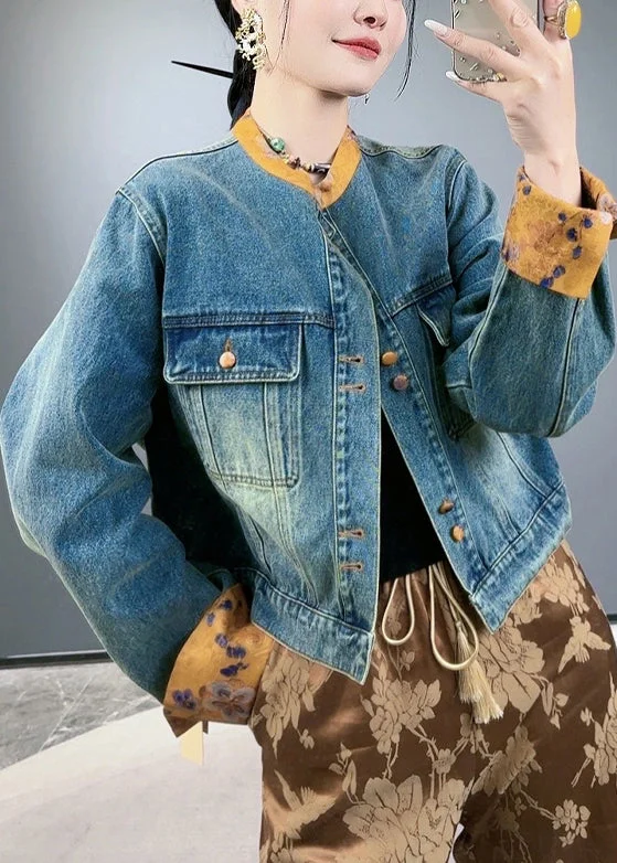 Loose Blue Button Pockets Patchwork Denim Coats Spring Plush Faux Fur Bolero