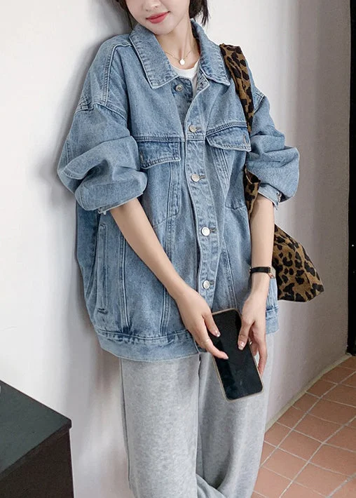 Loose Blue Peter Pan Collar Button Pockets Denim Coats Spring Elegant Cape Blazer