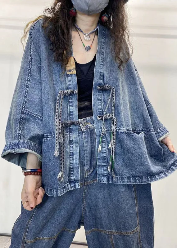 Loose Blue V Neck Button Patchwork Denim Coats Long Sleeve Modern Asymmetric Coat