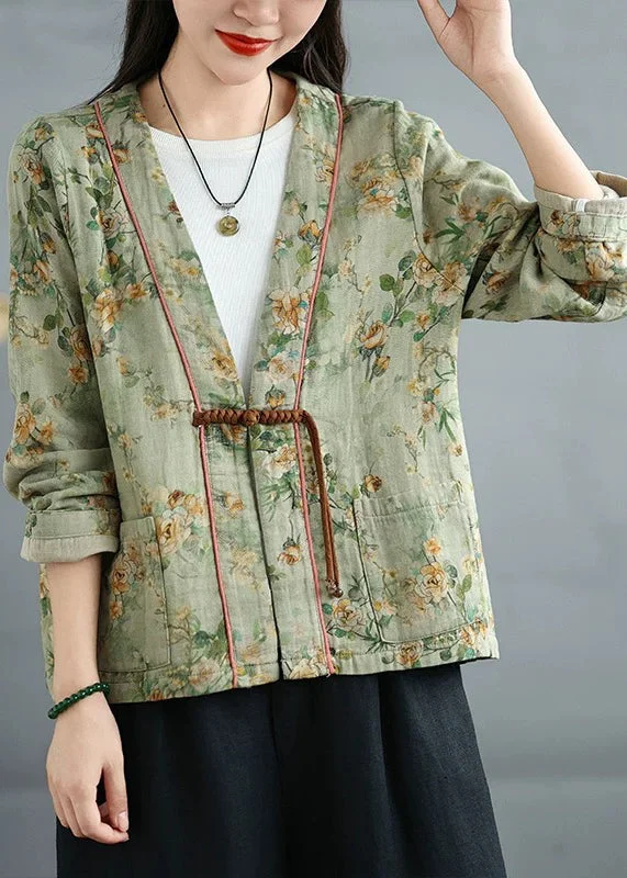 Loose Green Chinese Button Print Cotton Coat Fall Oversized Teddy Coat