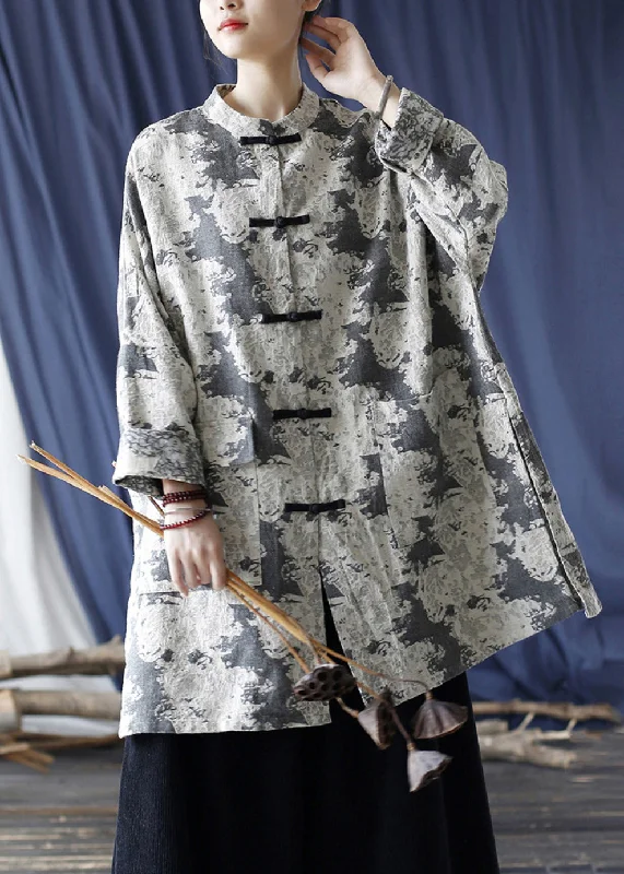 Loose Grey Button Print Pockets Cotton Coats Long Sleeve Military-Inspired Jacket