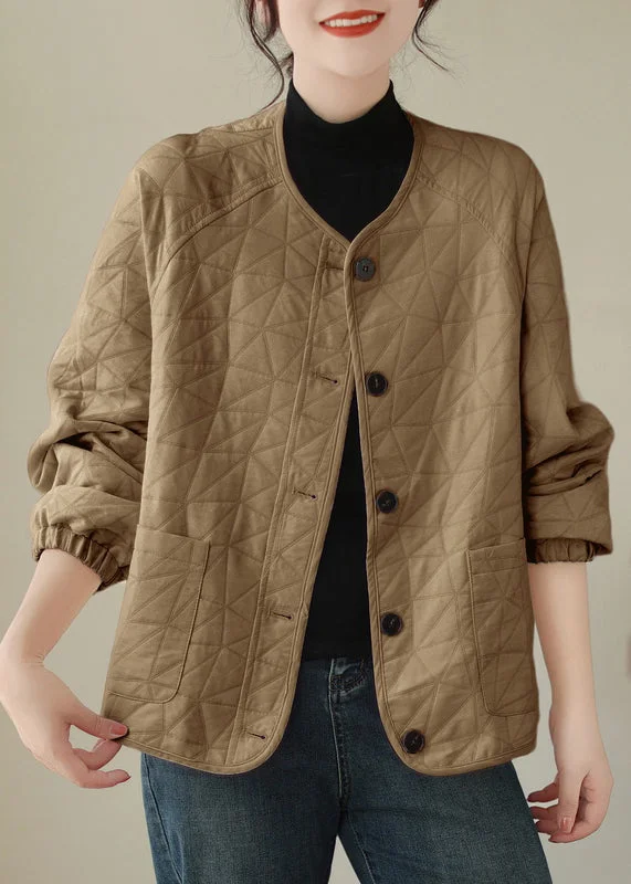 Loose Khaki Button Pockets Thick Coats Long Sleeve Puff Shoulder Coat