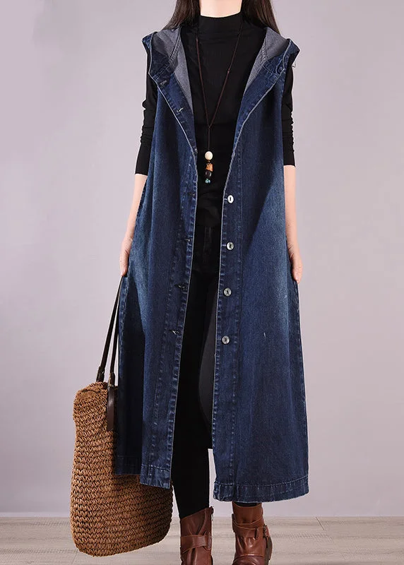 Loose Navy Hooded Button Denim Waistcoat Long Coats Sleeveless Draped Collar Cardigan