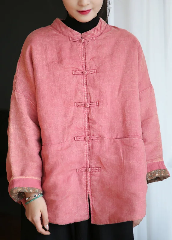 Loose Pink Button Pockets Cotton Filled Coats Long Sleeve Waterproof Hiking Jacket