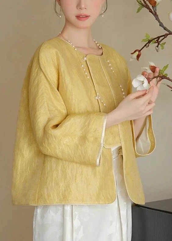 Loose Yellow O-Neck Solid Button Silk Coats Spring Fleece Lined Windbreaker