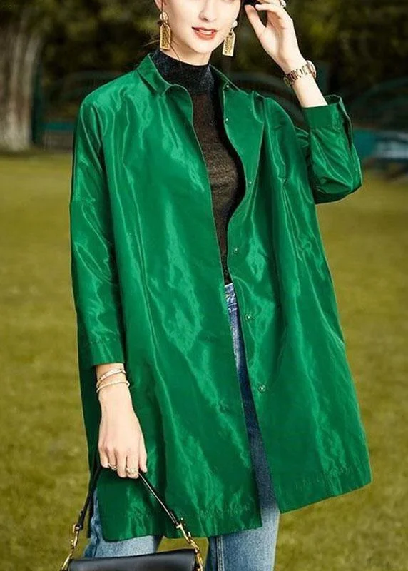 Luxury Green PeterPan Collar Button side open Fall Long sleeve Coat Stretch Fit Moto Jacket