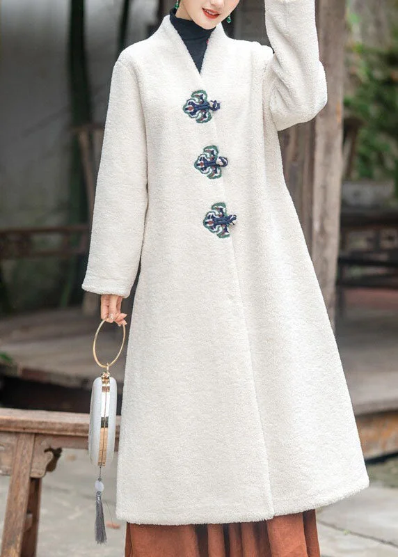 Modern Beige V Neck Embroideried Thick Teddy Faux Fur Lengthen Coats Winter Ultra-Light Down Coat