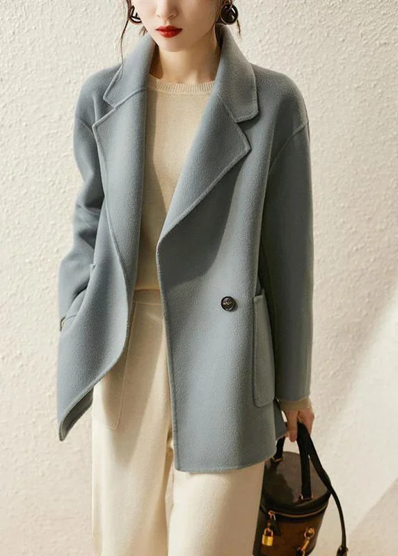 Modern Blue Grey Lapel Button Down Pockets Woolen Coats Fall Ruched Sleeve Blazer