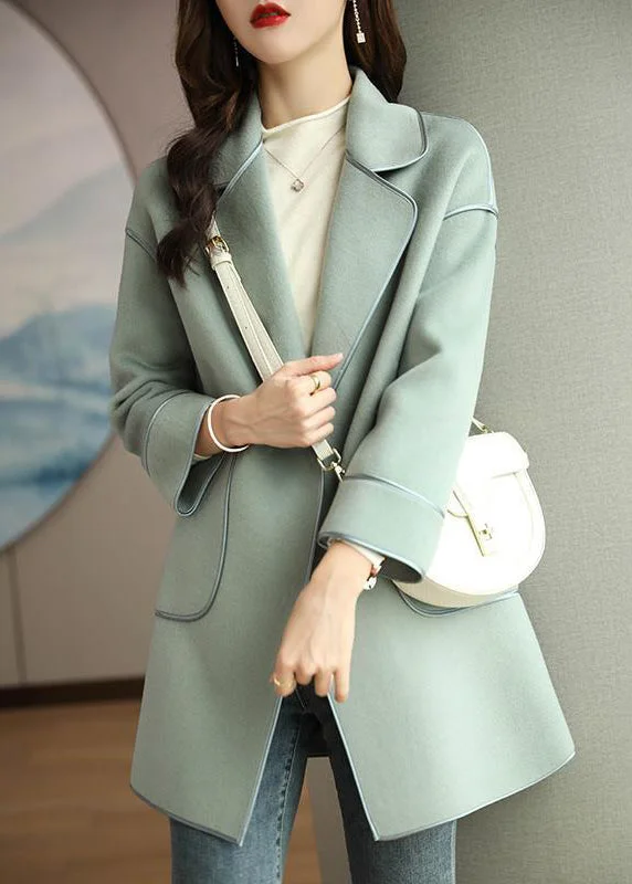 Modern Green Lapel Patchwork Pockets Woolen Coats Fall Chic Oversized Blazer