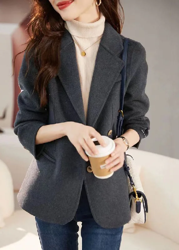 Modern Grey Lapel Slim Fit Woolen Coats Fall Cropped Fleece Jacket