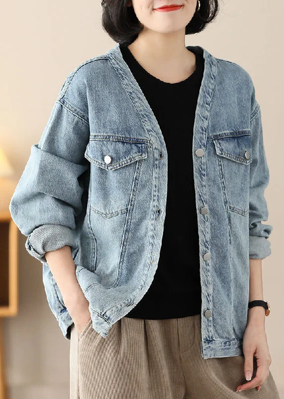 Modern Light Blue V Neck Oversized Cotton Denim Coats Spring Drape Front Waterfall Coat