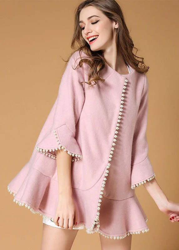 Modern Pink Nail bead Ruffles Woolen Coats Spring Minimalist Wool Duster