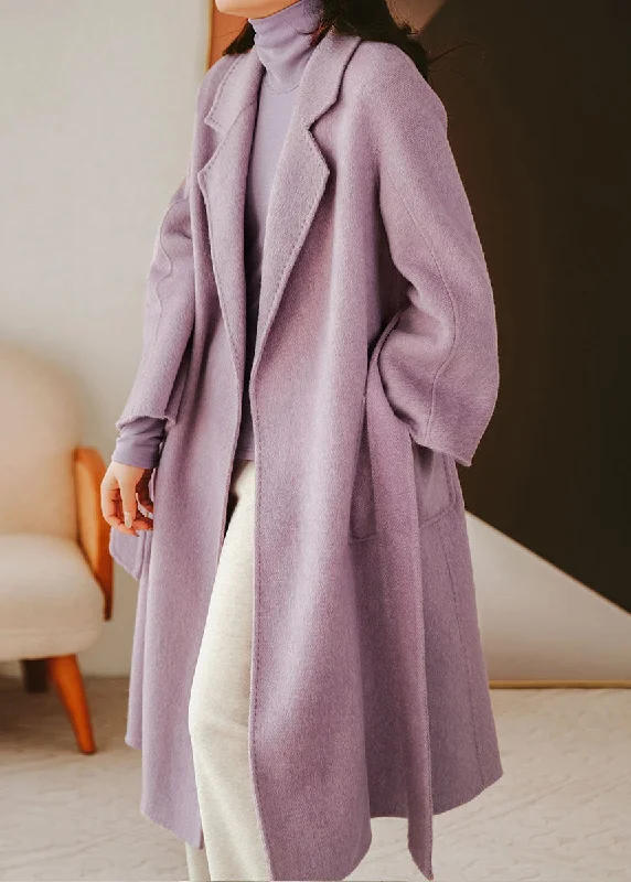 Modern Purple Notched Collar Solid Color Sashes Woolen Coat Winter Soft Thermal Overcoat