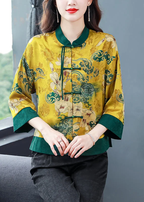 Natural Green Print Button Cozy Silk Coats Spring Longline Wool Coat