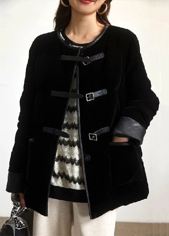 New Black Button Pockets Patchwork Duck Down Coats Long Sleeve Cropped Moto Jacket