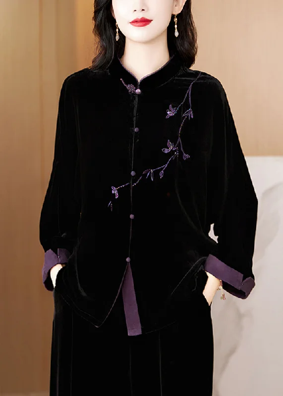 New Black Embroidered Button Silk Velvet Coat Fall Quilted Hybrid Jacket