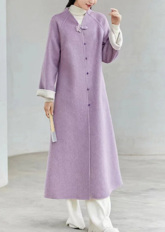 New Chinese Style Purple V Neck Button Patchwork Loose Woolen Coats Winter Luxe Satin Long Coat