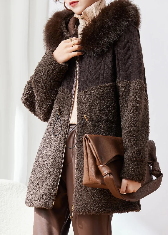 New Fashion Coffee Knitted Patchwork Faux Fur Thick Hooded Coats Winter Structured Wool Blazer