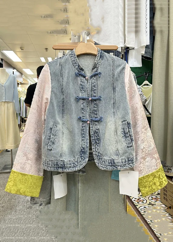 New Yellow Button Patchwork Denim Coats Long Sleeve Casual Open-Front Coat