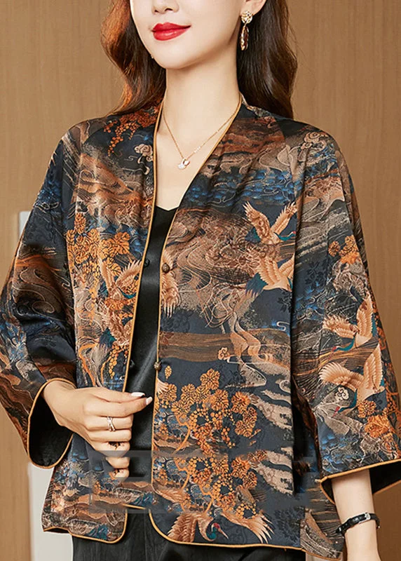 Novelty V Neck Print Button Silk Coats Spring Sleek Leather Jacket