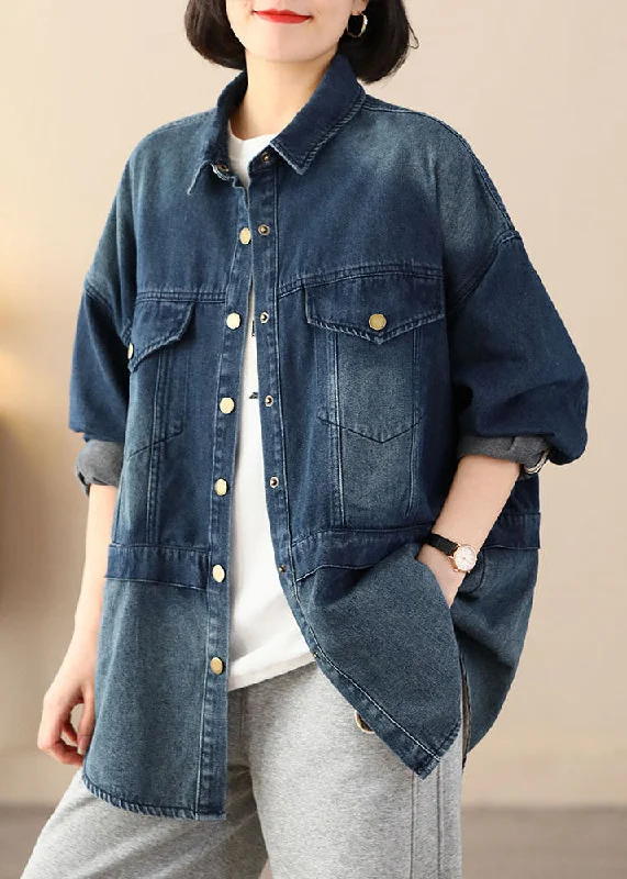 Organic Blue Oversized Patchwork Pockets Cotton Denim Coats Spring Ultra-Light Down Coat