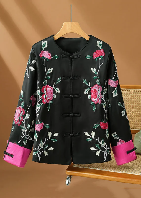 Original Design Black Embroidered Button Silk Coats Fall Lightweight Windbreaker